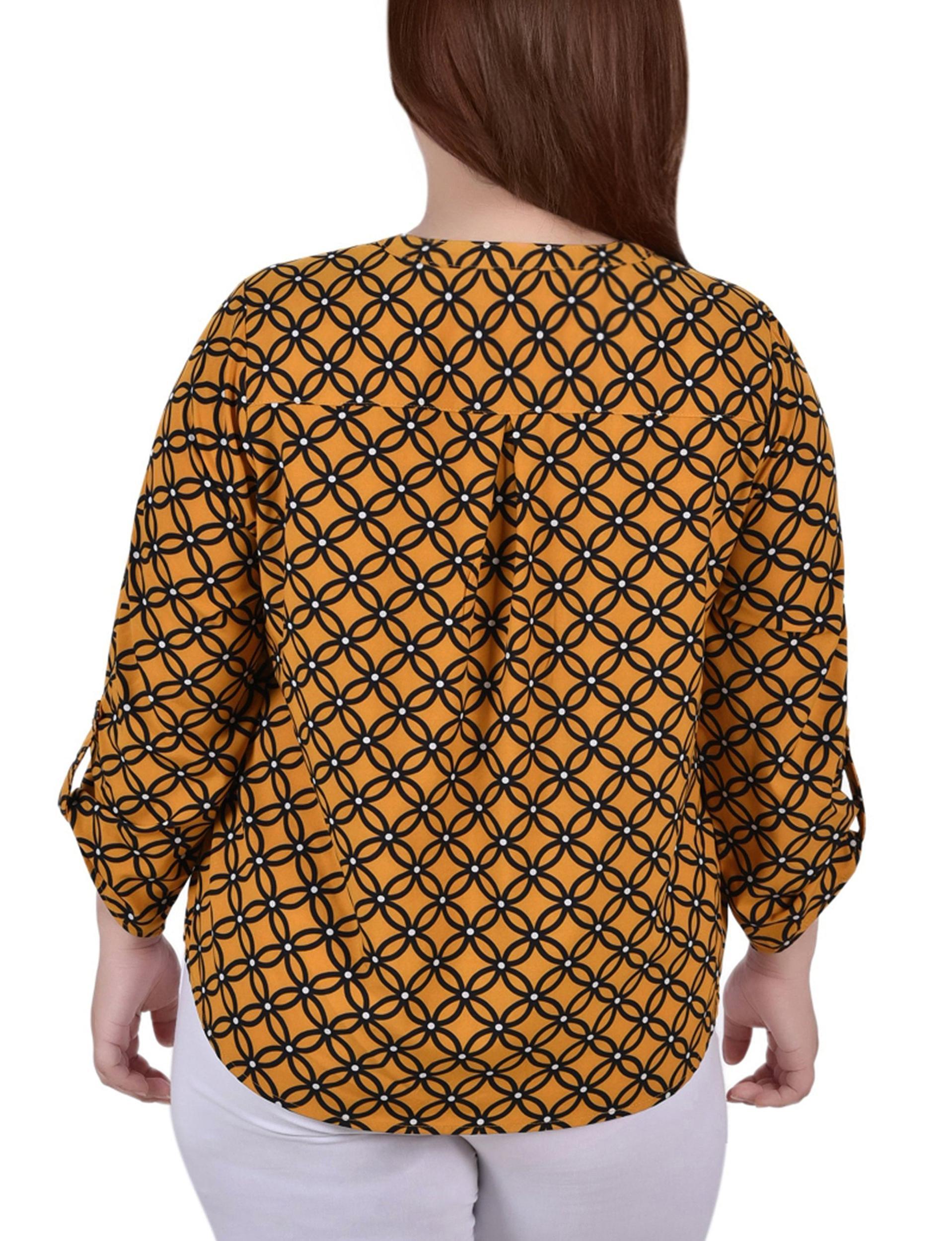 Yellow 3/4 Roll Tab Sleeve Mandarin Collar Blouse - Plus Size Product Image
