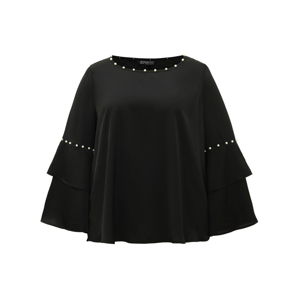 Plus Size Black Anti-Wrinkle Pearl Beaded Ruffle Layered Sleeve Blouse Women Glamour Long Sleeve Round Neck Going out Blouses BloomChic 26/4X Product Image