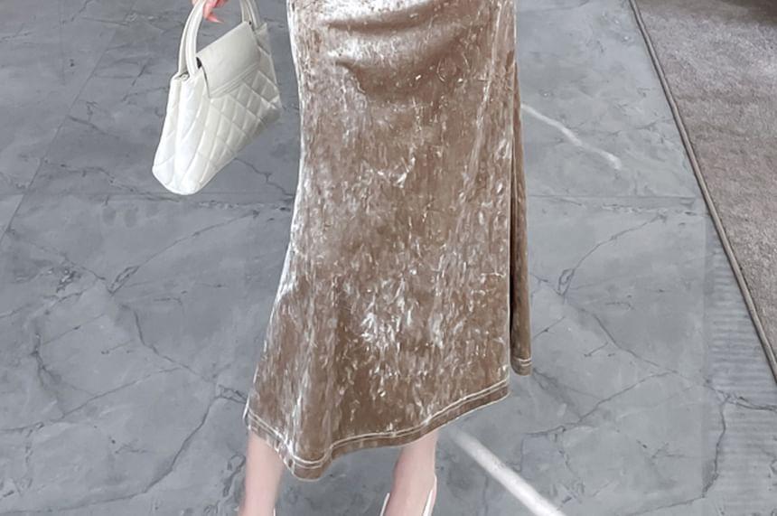 Spaghetti Strap Cowl Neck Plain Chained Ruched Velvet Midi Bodycon Dress Product Image