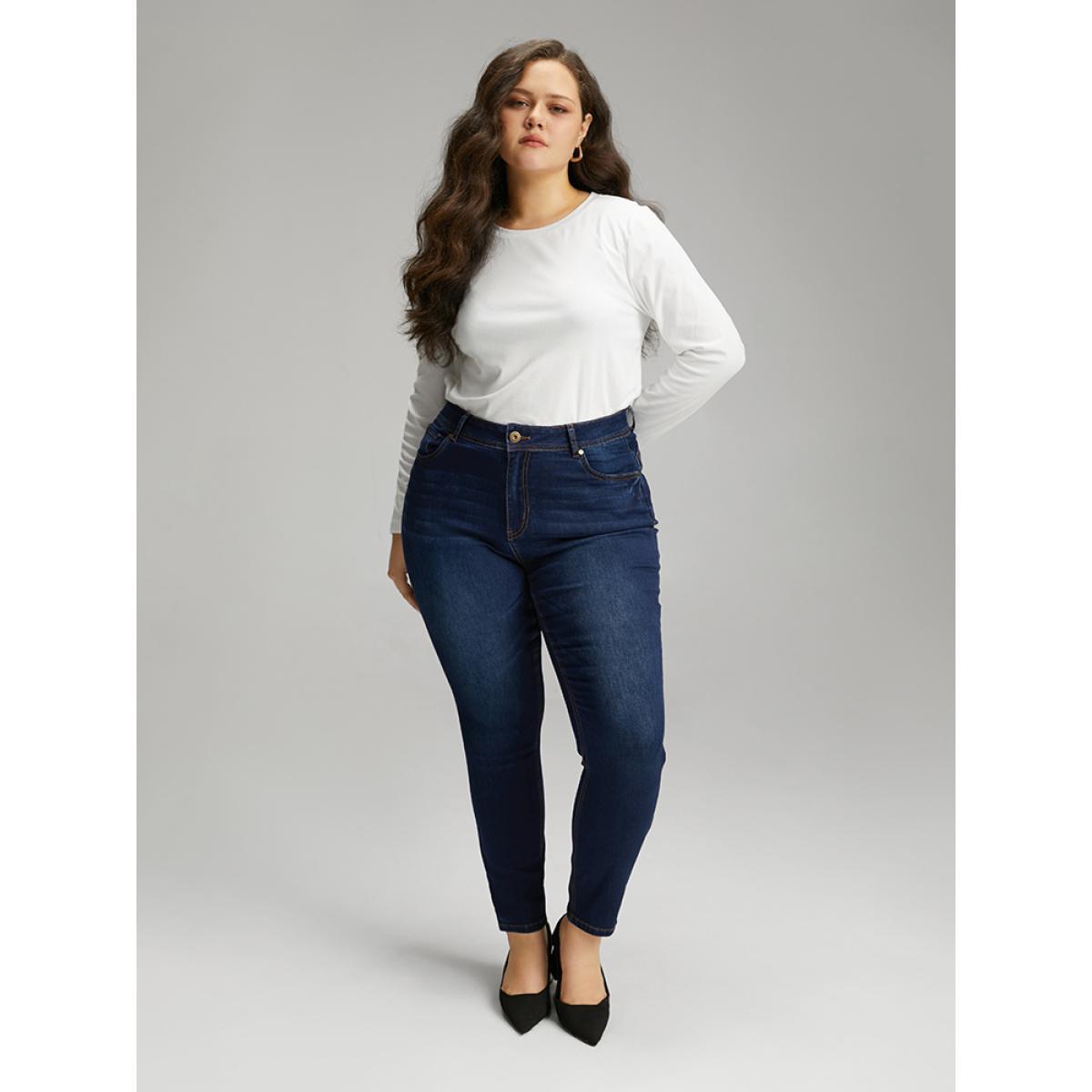Plus Size Skinny Dark Wash Zipper Fly Jeans Women DarkBlue Casual Plain Plain High stretch Pocket Jeans BloomChic 12/L Product Image