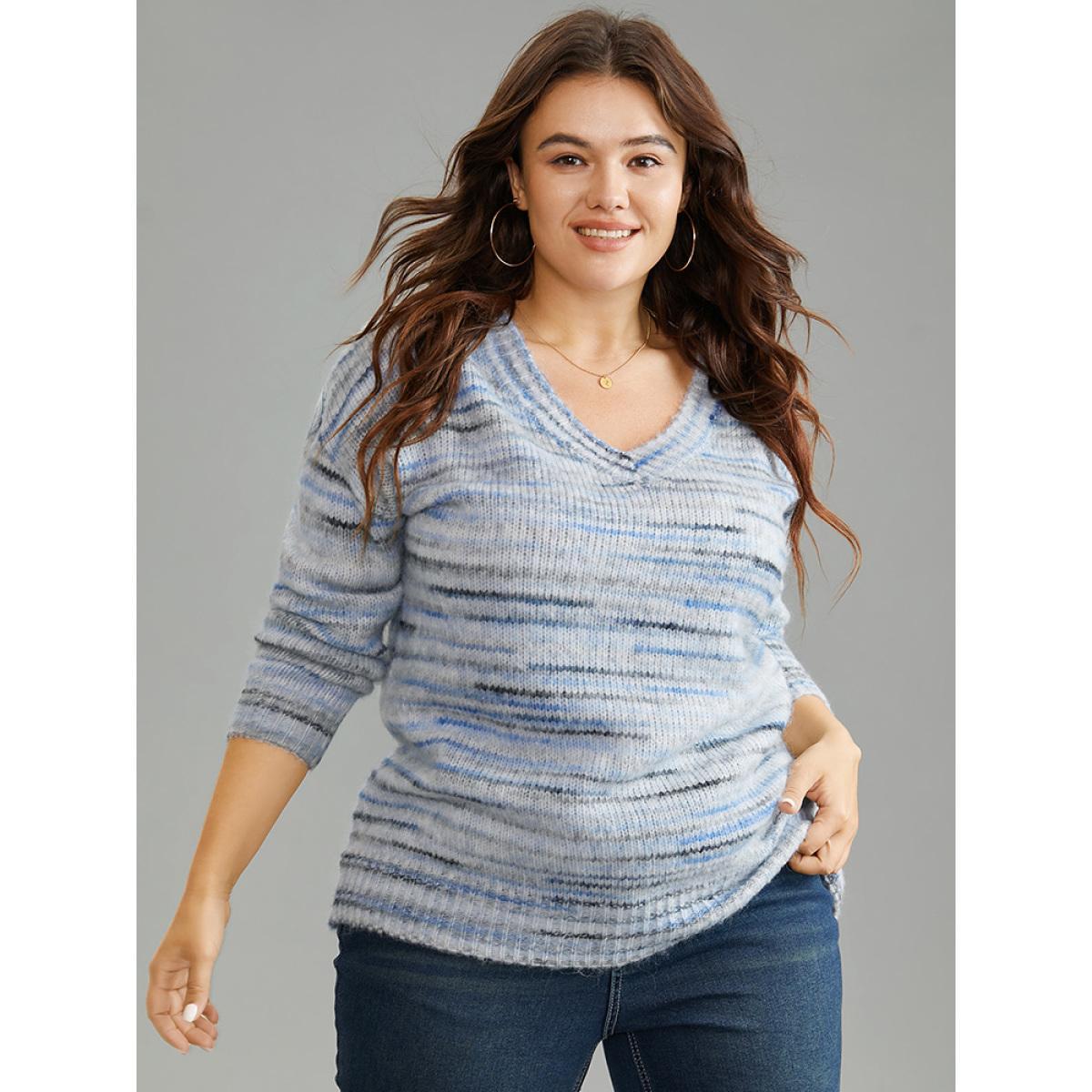 Plus Size Ombre Heather Drop Shoulder Pullover LightBlue Women Casual Loose Long Sleeve V-neck Everyday Pullovers BloomChic 10/M Product Image