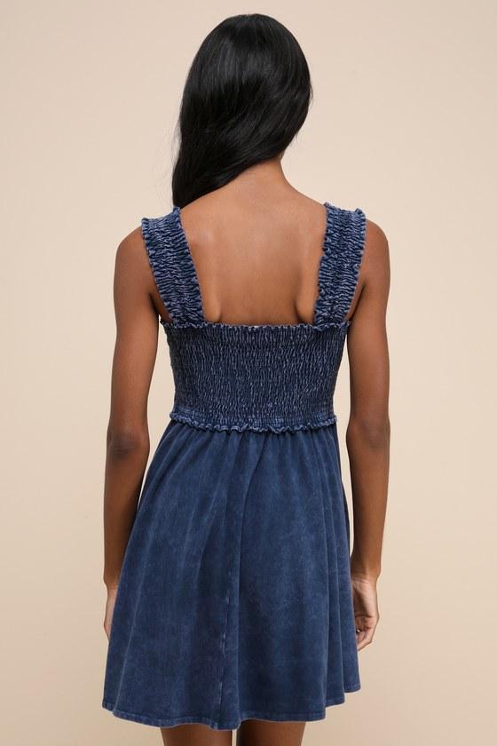 Effortlessly Lovely Washed Navy Blue Smocked Mini Dress Product Image