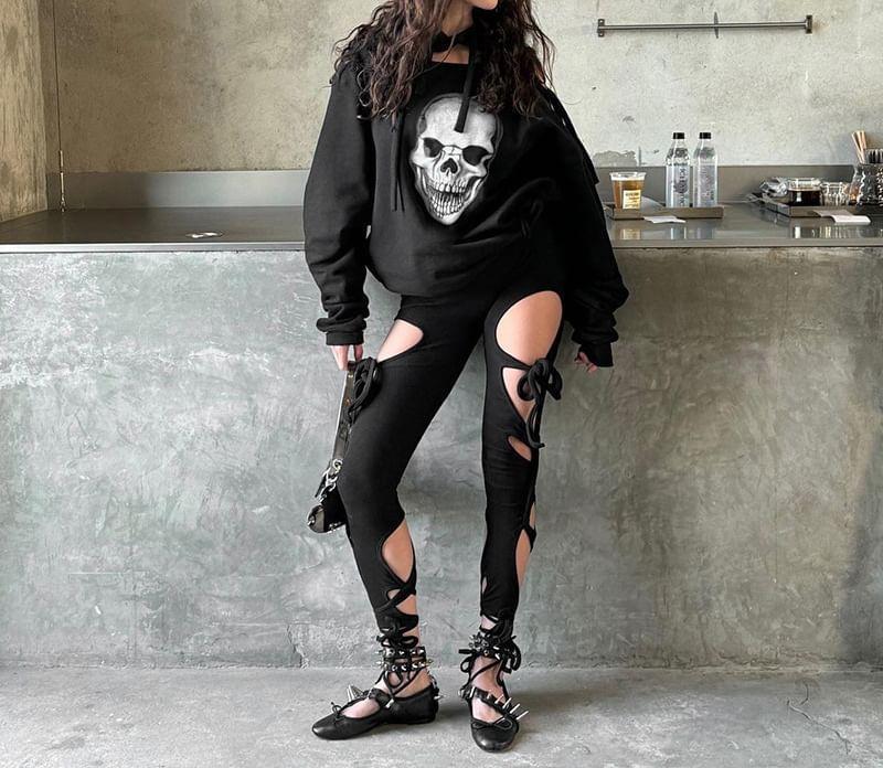Asymmetrical Neck Cold Shoulder Skull Print Oversized Hoodie Product Image