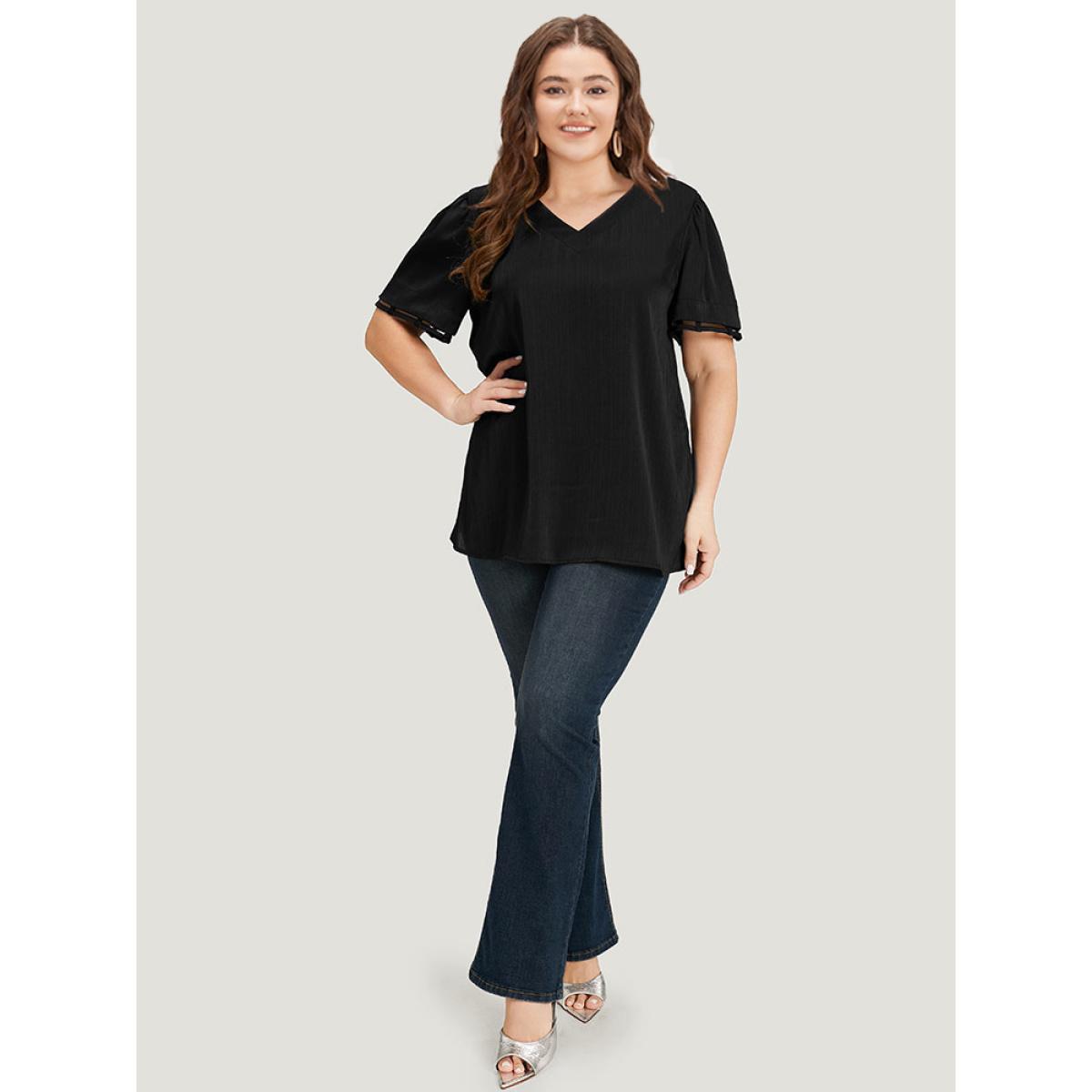 Plus Size Purple Plain Cut Out V Neck Blouse Women Office Short sleeve V-neck Work Blouses BloomChic 30/6X Product Image