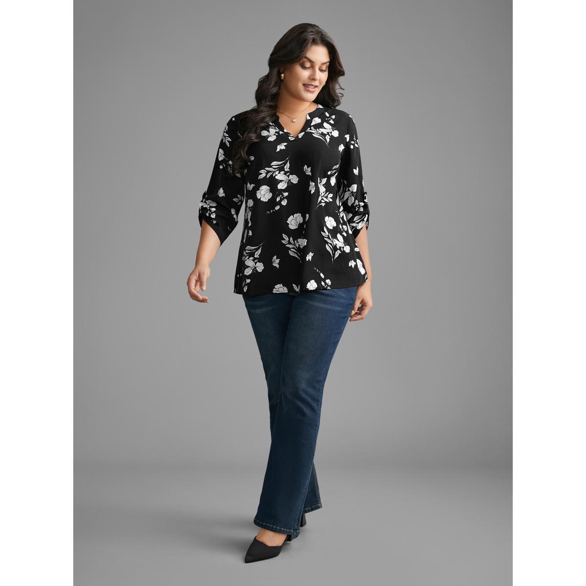 Plus Size Black Silhouette Floral Print Tab Sleeve Slit Hem Blouse Women Elegant Elbow-length sleeve Notched collar Everyday Blouses BloomChic 10/M Product Image