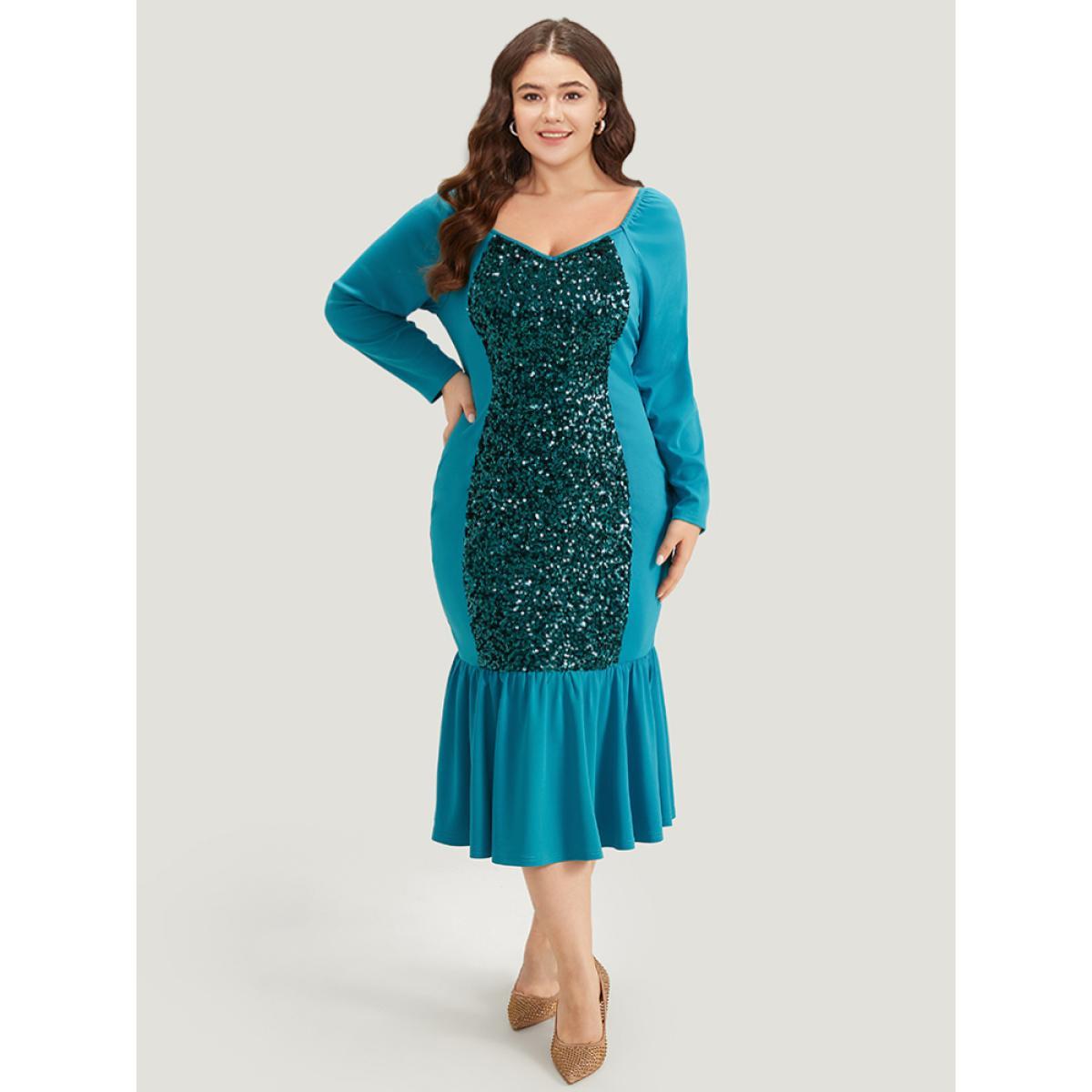 Plus Size Halloween Sequin Patchwork Mermaid Hem Dress Teal Women Glamour Gathered Square Neck Long Sleeve Curvy Midi Dress BloomChic 18-20/2X Product Image