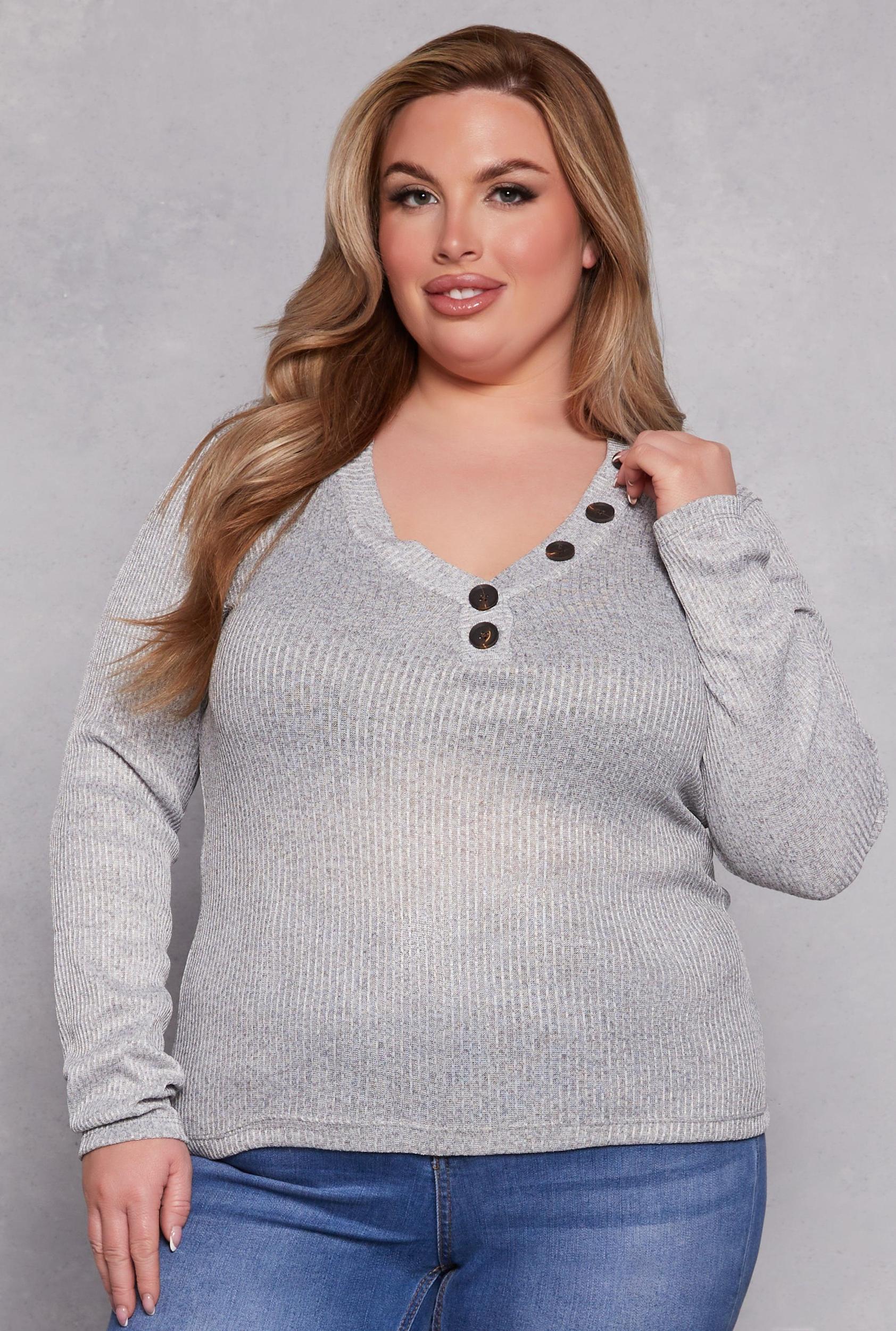 Womens Plus Size Brushed Ribbed Knit V Neck Top Product Image