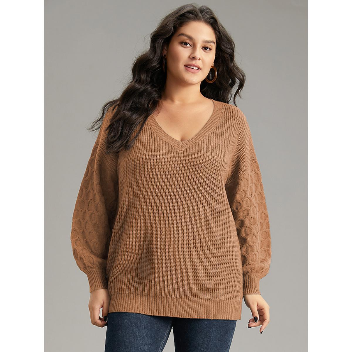 Plus Size Solid Cable Knit V Neck Drop Shoulder Pullover Chocolate Women Casual Long Sleeve V-neck Everyday Pullovers BloomChic 14-16/1X Product Image