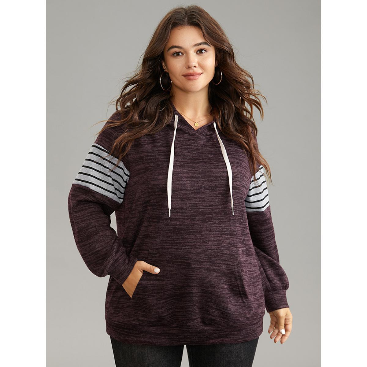 Plus Size Heather Striped Patchwork Pocket Hooded Sweatshirt Women Eggplant Casual Heather Hooded Dailywear Sweatshirts BloomChic 30/6X Product Image