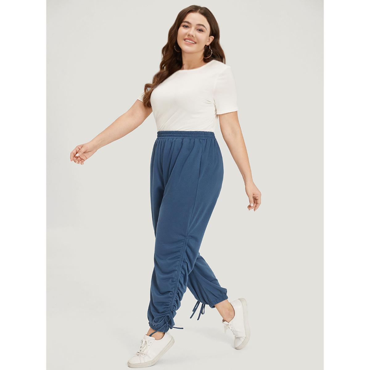 Solid Pocket Drawstring Hem Elastic Waist Sweatpants Aegean Plus Size Women Casual Dailywear Plain 14-16/1X Bloomchic Product Image