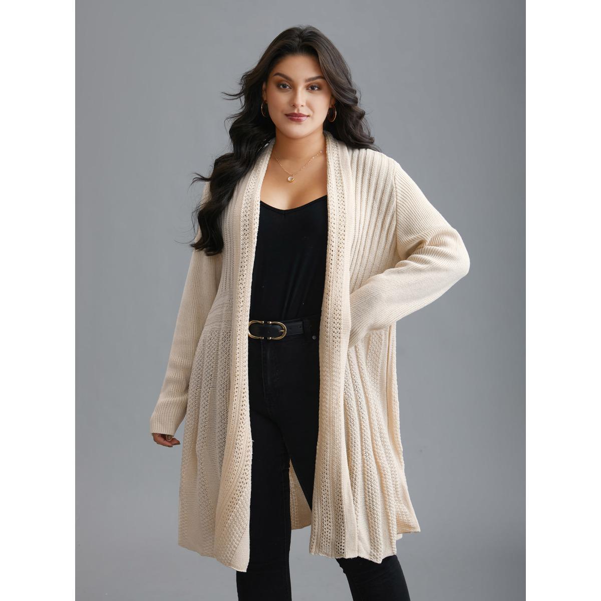 Plus Size Plain Textured Kimono Collar Cardigan Apricot Women Casual Loose Long Sleeve Everyday Cardigans BloomChic 28/5X Product Image