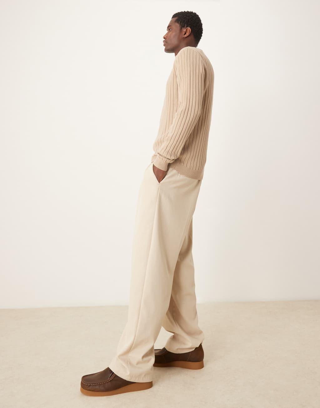 ASOS DESIGN essential muscle fit knitted rib quarter zip sweater in taupe Product Image