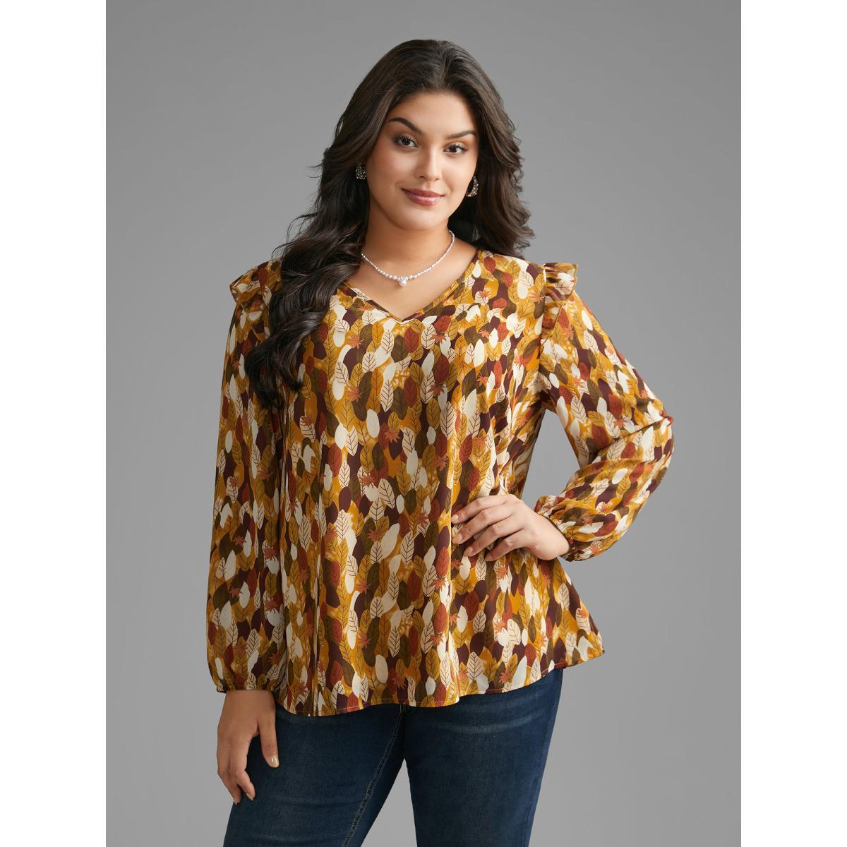 Plus Size Multicolor Leaves Print Ruffle Trim Slit Hem Blouse Women Elegant Long Sleeve V-neck Everyday Blouses BloomChic 10/M Product Image