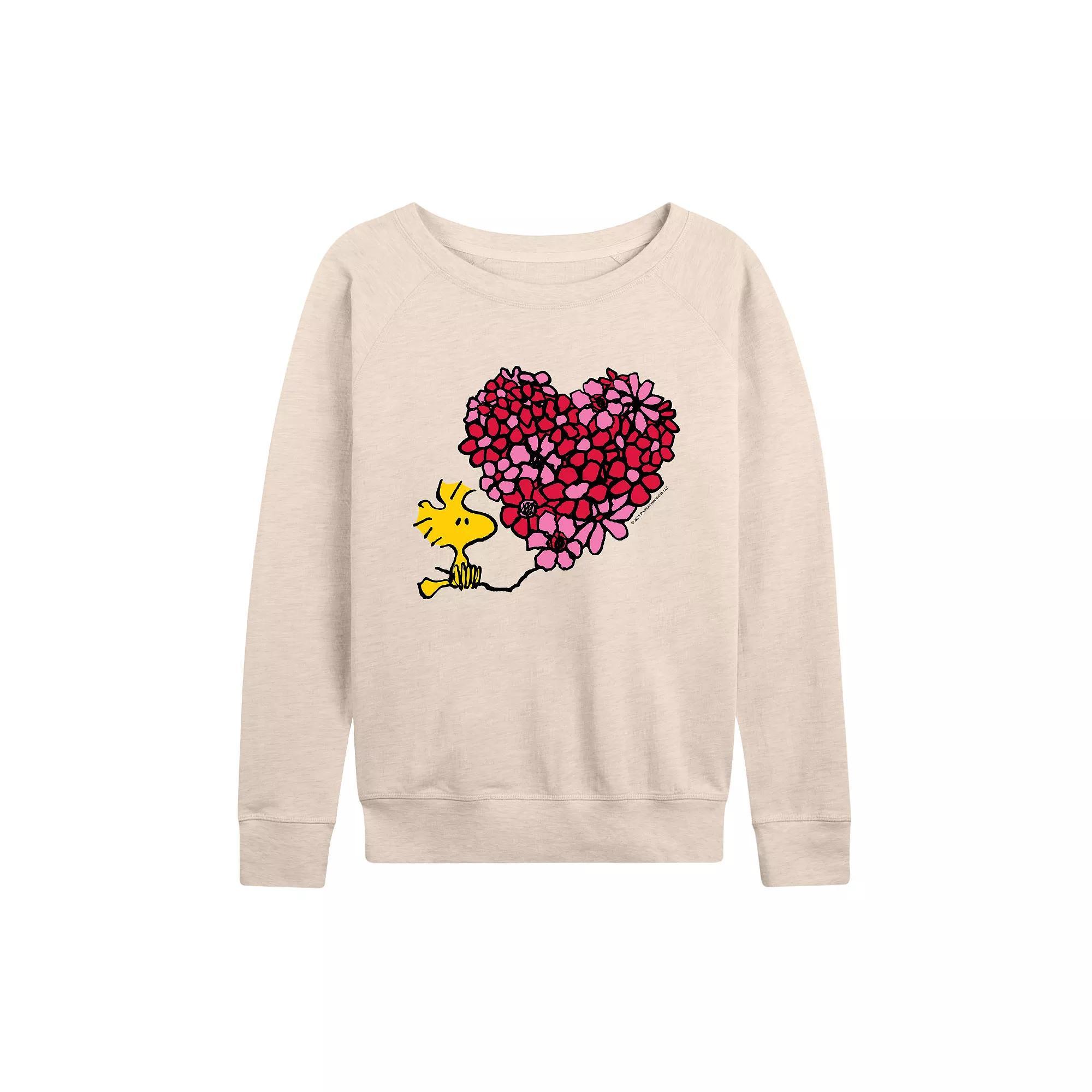 Women's Peanuts Woodstock Floral Heart French Terry Long Sleeve Tee, Size: Small, Beige Product Image