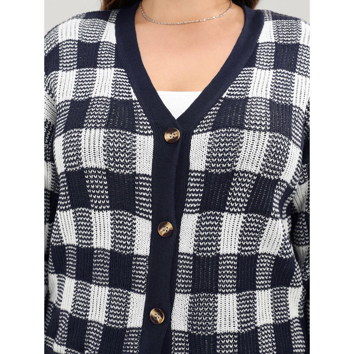 Plus Size Plaid Pointelle Knit Pocket Button Front Cardigan Midnight Women Elegant Loose Long Sleeve Dailywear Cardigans BloomChic 12/L Product Image