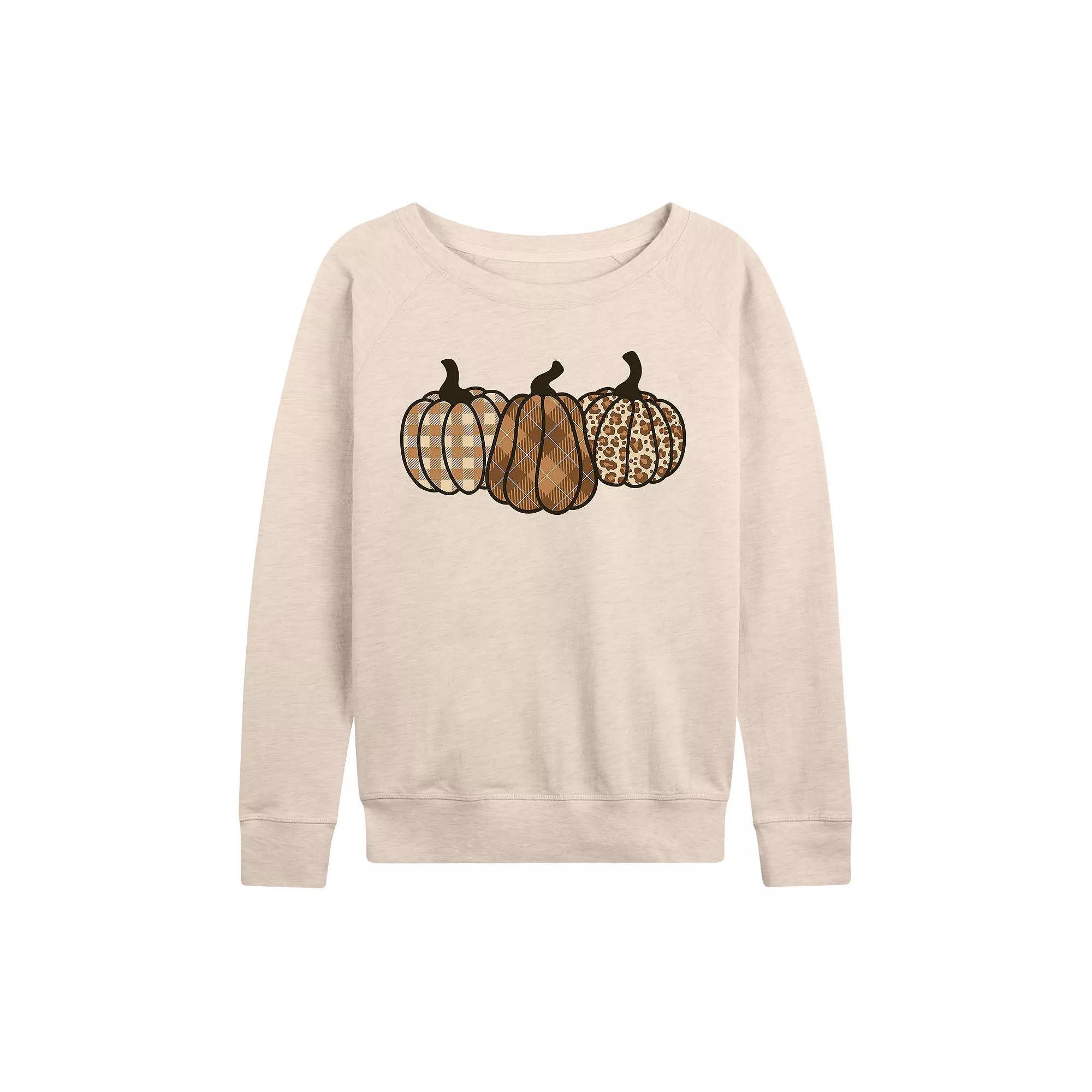 Women's Brown Plaid Pumpkins French Terry Long Sleeve Tee, Girl's, Size: Medium, Beige Product Image