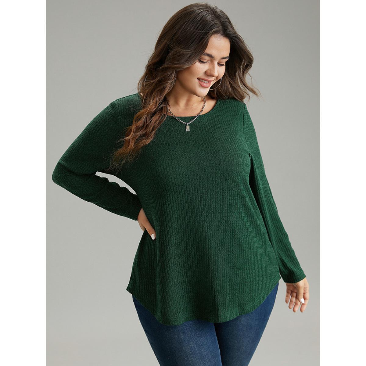 Plus Size Rib Knit Solid Crew Neck Button Detail T-shirt DarkGreen Women Casual Texture Plain Round Neck Dailywear T-shirts BloomChic 10/M Product Image