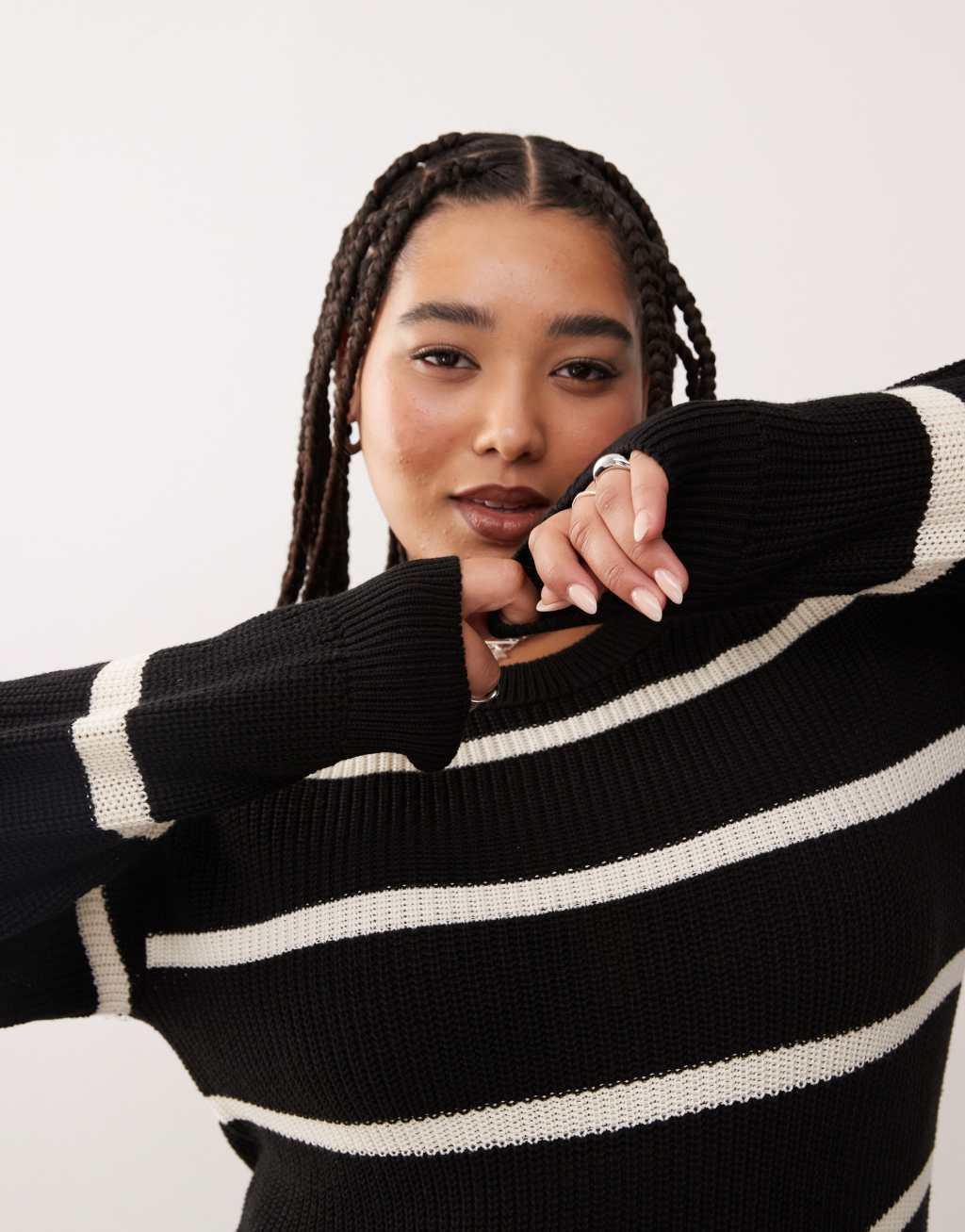 Noisy May Curve slouchy knit dress in black with cream stripe Product Image