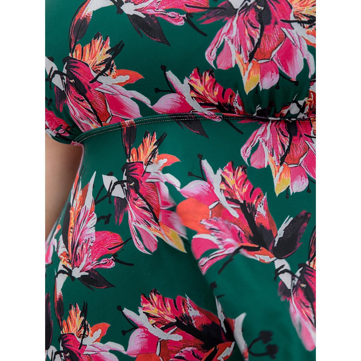 Plus Size Floral Print A Line Round Neck Ruffle Hem Swim Dress Women's Swimwear Green Vacation Bodycon Round Neck High stretch Curve Swim Dresses BloomChic 10/M Product Image