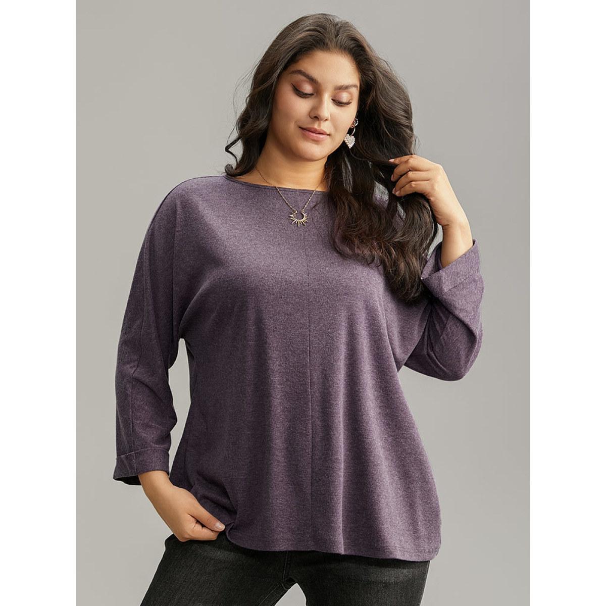 Plus Size Solid Heather Round Neck Roll Dolman Sleeve T-shirt Mauve Women Casual Plain Plain Round Neck Dailywear T-shirts BloomChic 30/6X Product Image