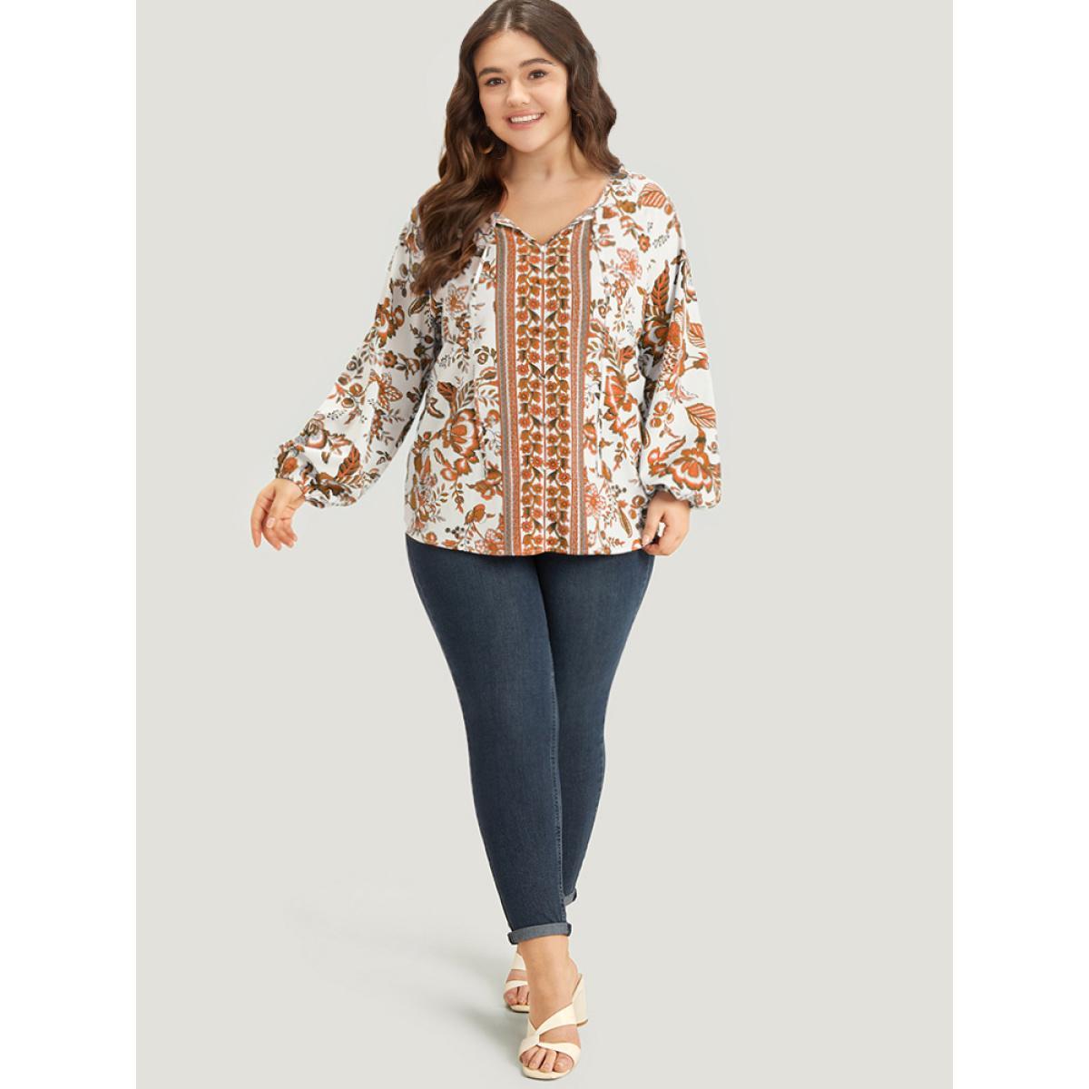 Plus Size Chocolate Boho Print Knot Neck Lantern Sleeve Blouse Women Vacation Long Sleeve Tie Neck Dailywear Blouses BloomChic 28/5X Product Image
