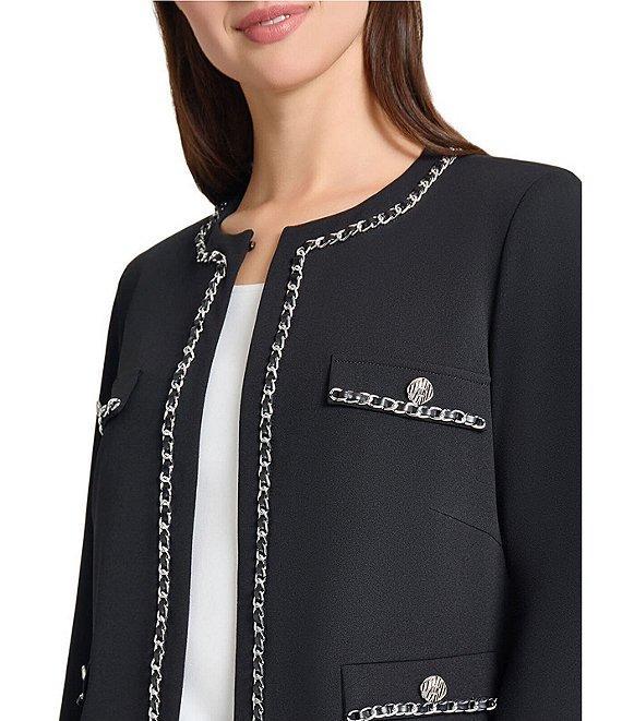 Ming Wang Stretch Deco Crepe Round Neck Long Sleeve Chain Trim Jacket Product Image