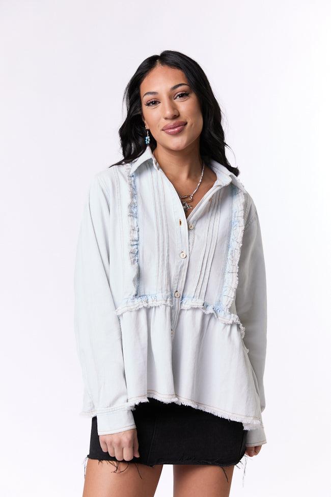 Here To Prove Light Wash Ruffle Trim Peplum Chambray Blouse SALE Product Image