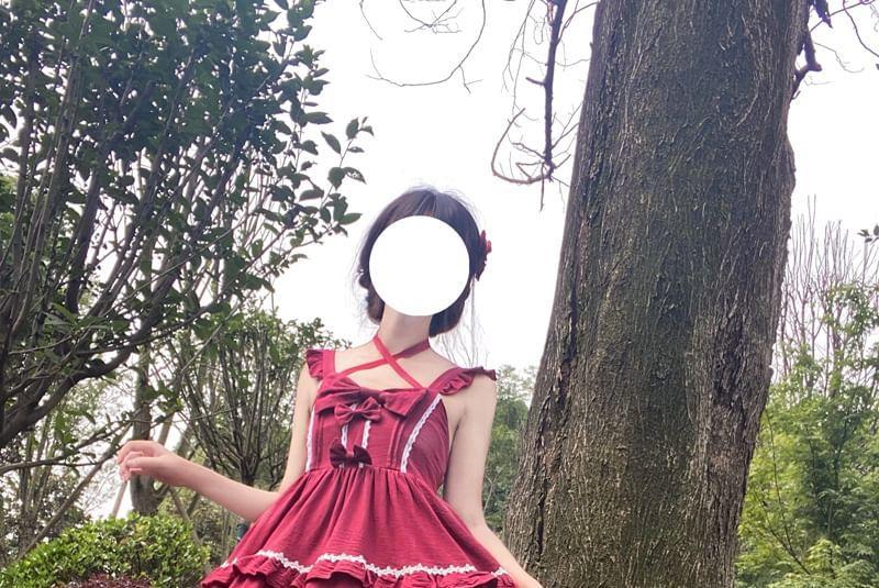 Puff-Sleeve Bow Ruffled Midi Pinafore Dress / Petticoat Product Image