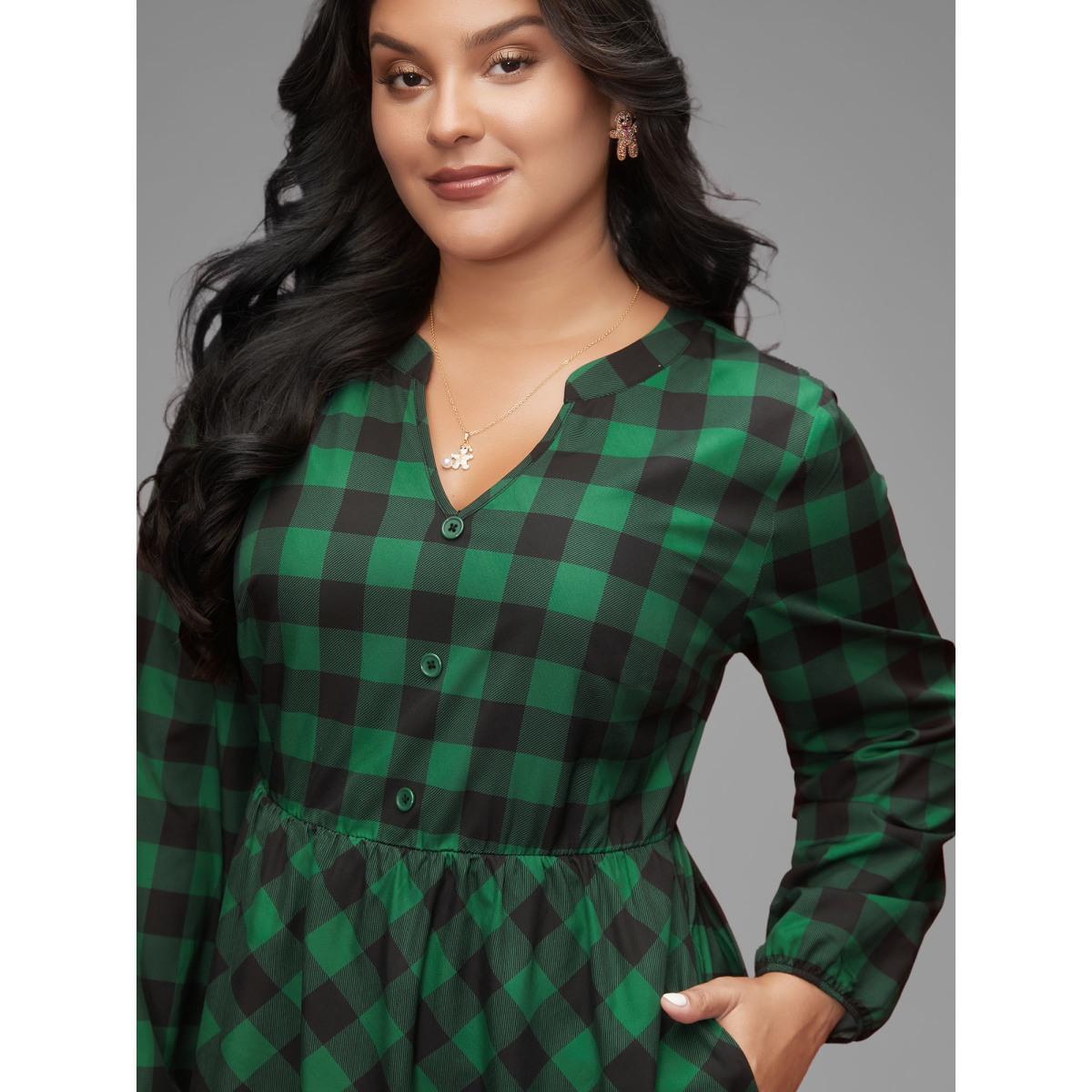 Plus Size Plaid Notched Collar Midi Dress DarkGreen Women Elegant Button Notched collar Long Sleeve Curvy BloomChic 26/4X Product Image