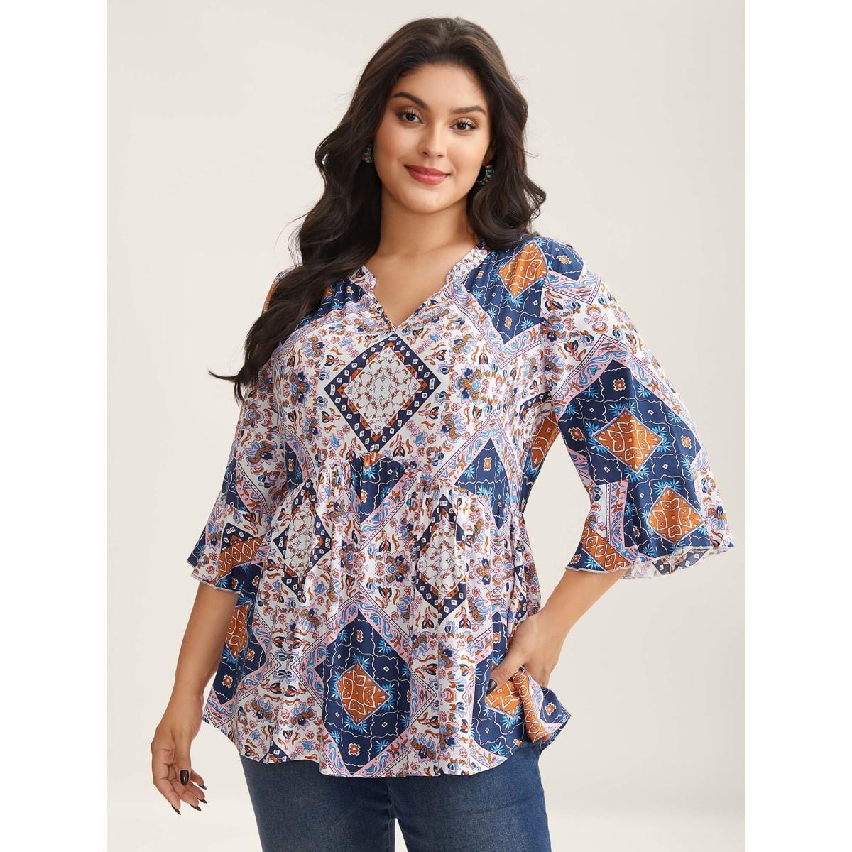 Plus Size Multicolor Boho Collage Print Notched Babydoll Top Women Elbow-length sleeve Notched collar Vacation Blouses BloomChic 28/5X Product Image