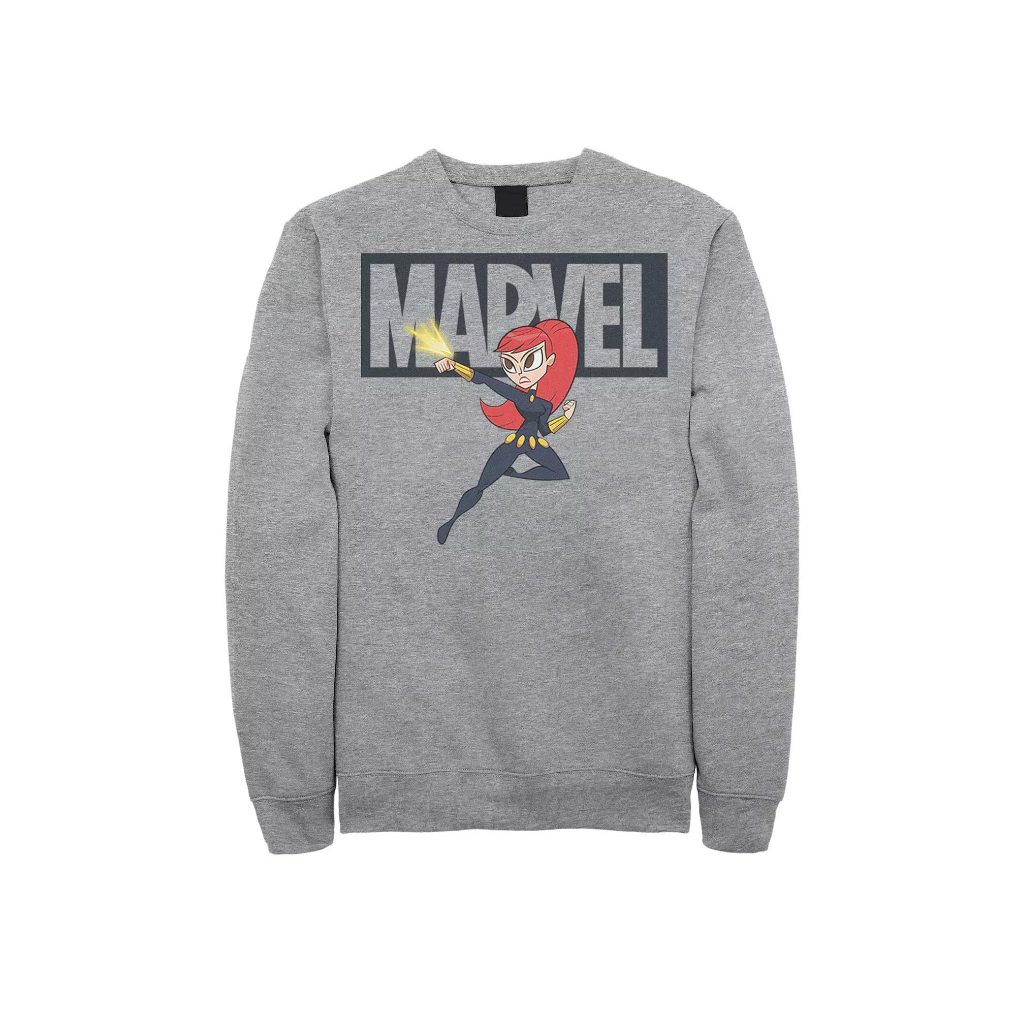 Men's Marvel Black Widow Chibi Action Pose Logo Outline Sweatshirt, Size: XL, Athletic Grey Product Image