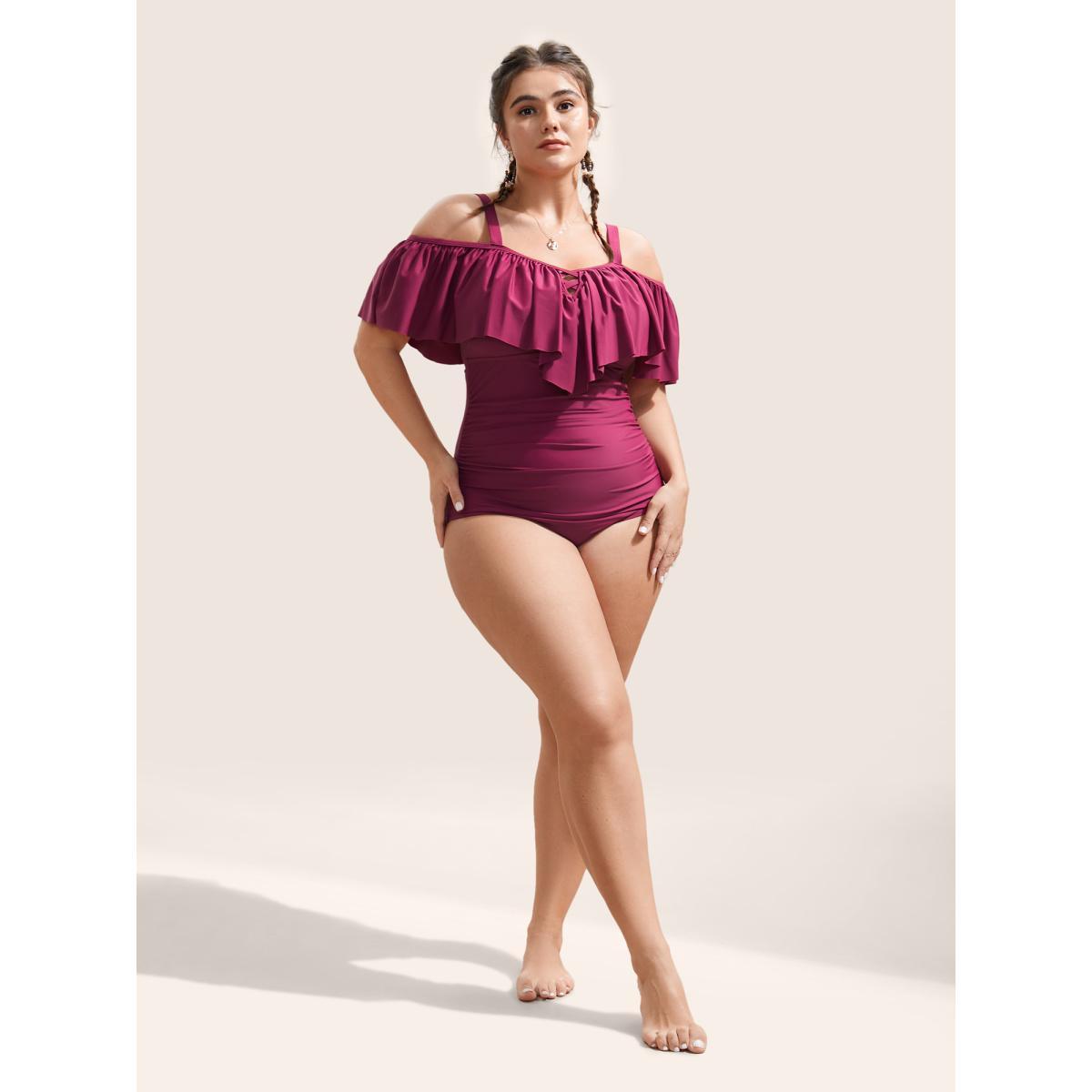Plus Size Plain Ruffle Crisscross Neck Tummy Control One Piece Swimsuit Women's Swimwear RedViolet Beach Non Curve Bathing Suits High stretch One Pieces BloomChic 14-16/1X Product Image