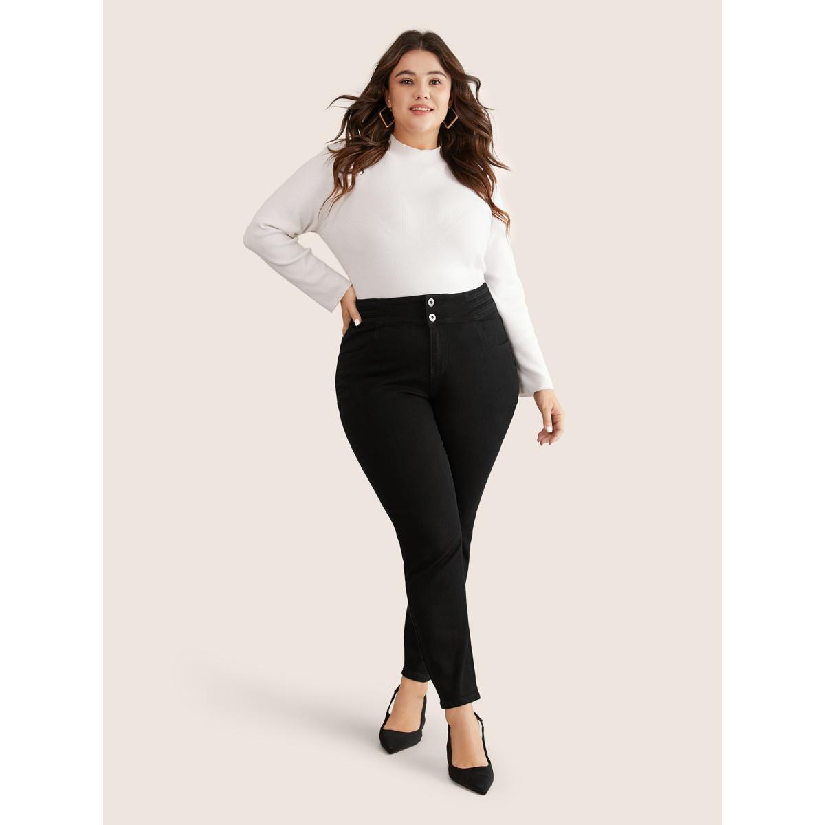 Plus Size Black Wash Button Through Skinny Jeans Women Black Casual Plain Plain High stretch Pocket Jeans BloomChic 10/M Product Image