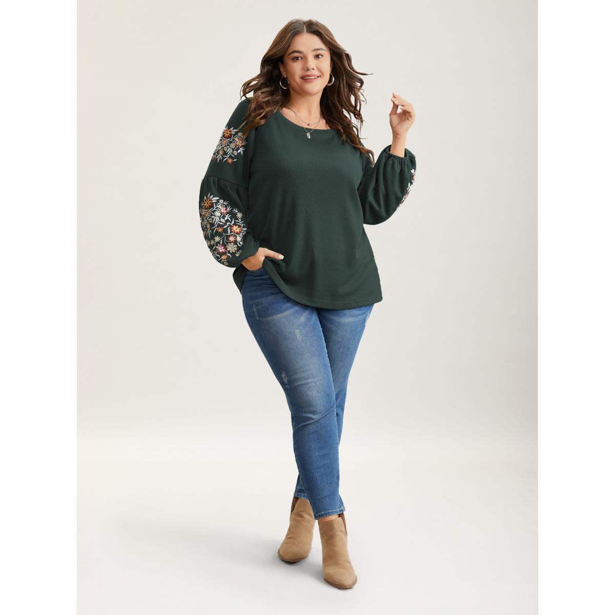 Plus Size Waffle Knit Floral Embroidered Lantern Sleeve T-shirt DarkGreen Women Elegant Texture Floral Round Neck Everyday T-shirts BloomChic 26/4X Product Image