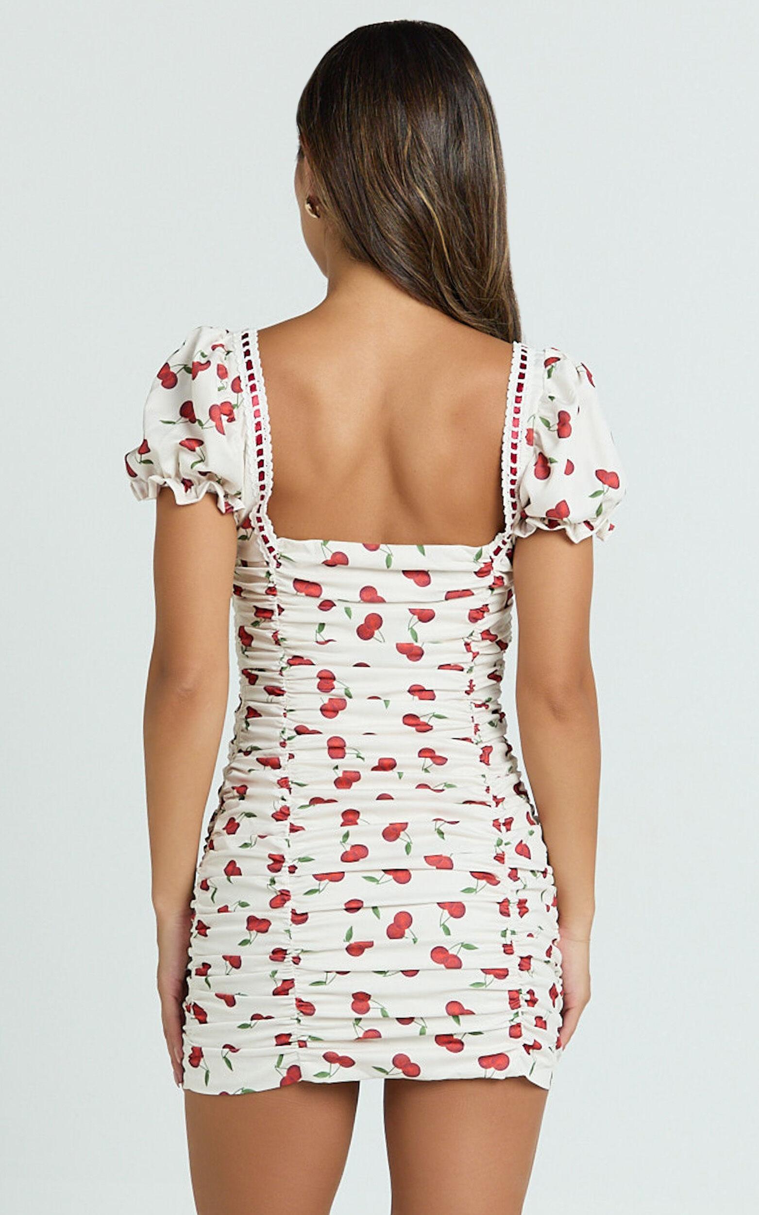 Bailey Mini Dress - Recycled Cherry Print Cap Sleeve Ruched Bust Bodycon Dress in Blushing Cherries Print Product Image