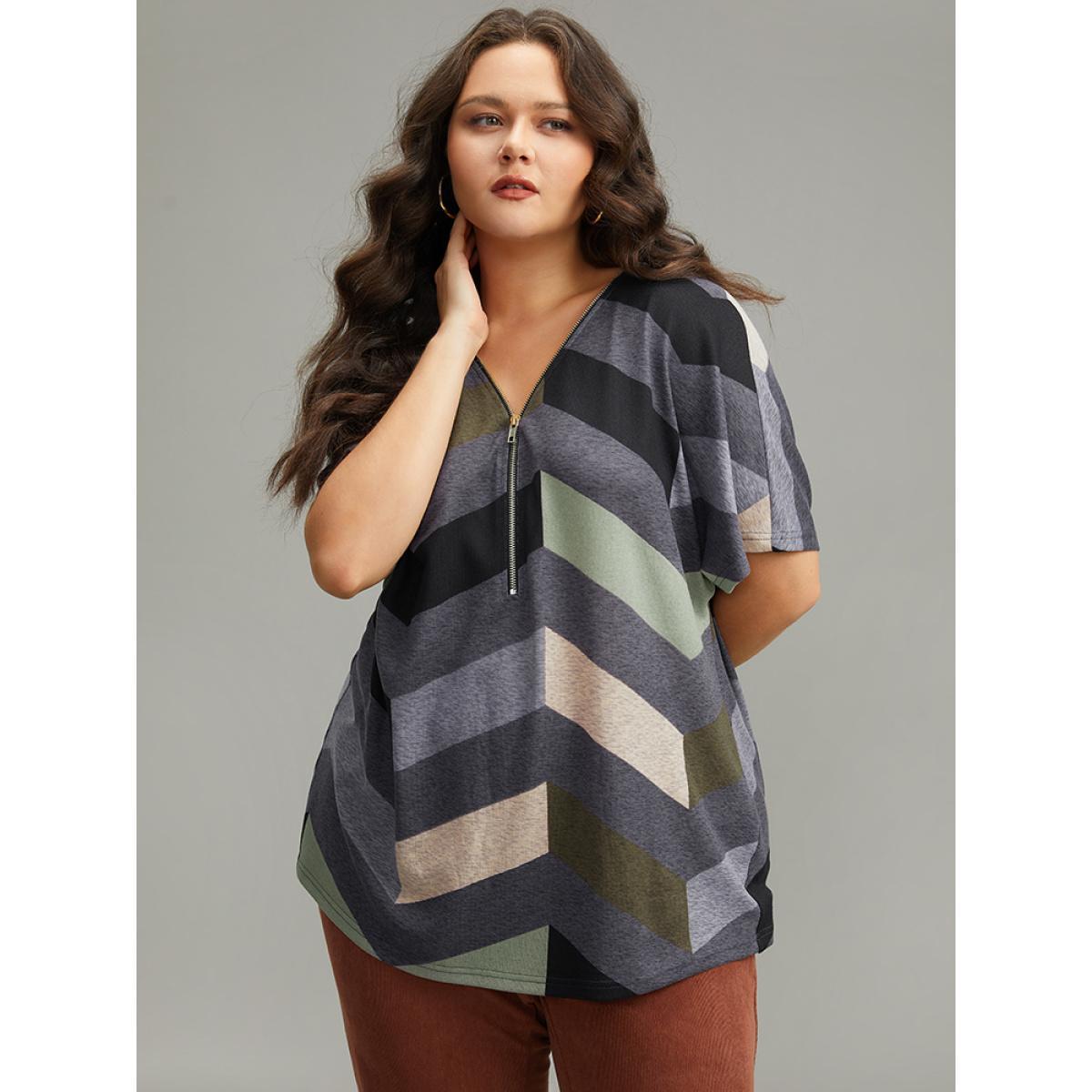 Plus Size Striped Zipper Batwing Sleeve T-shirt Gray Women Casual Zipper Striped V-neck Dailywear T-shirts BloomChic 12/L Product Image