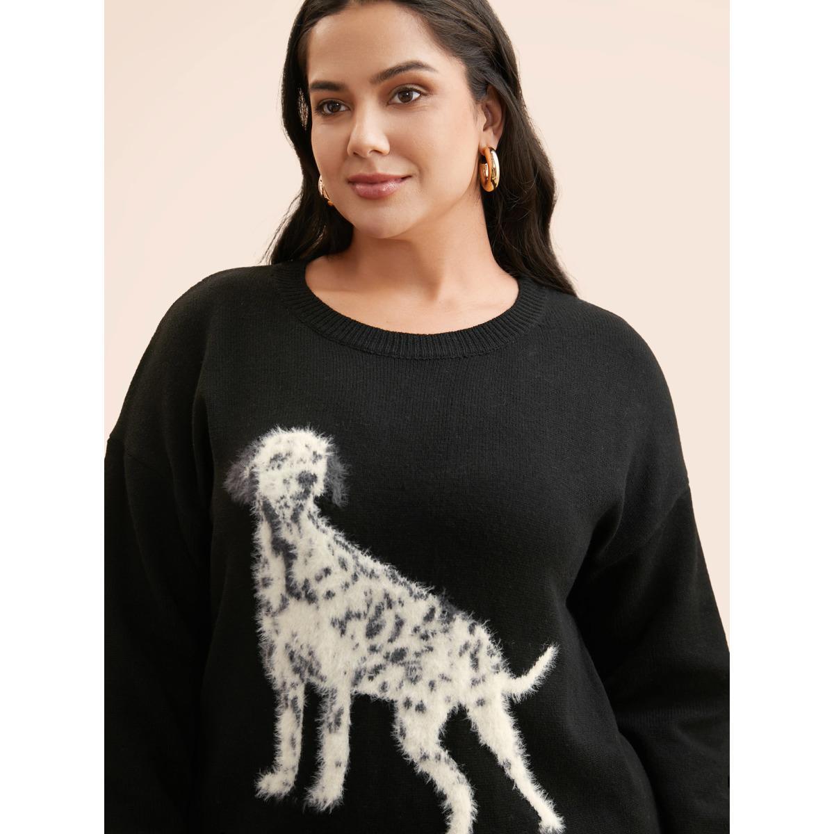 Plus Size Dog Jacquard Fluffy Drop Shoulder Pullover Black Women Casual Long Sleeve Round Neck Everyday Pullovers BloomChic 28/5X Product Image