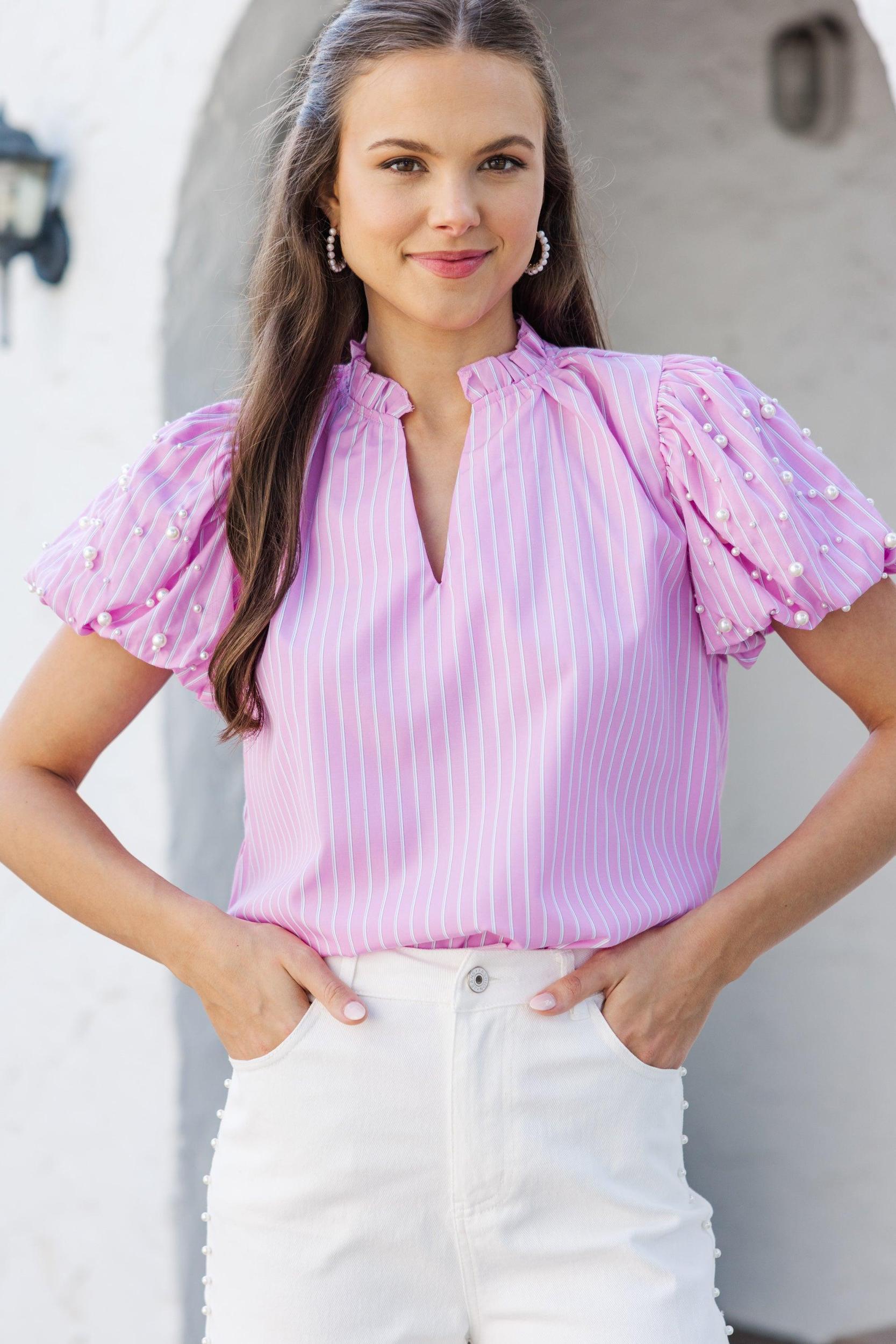 Look For It Pink Embellished Striped Blouse Female Product Image