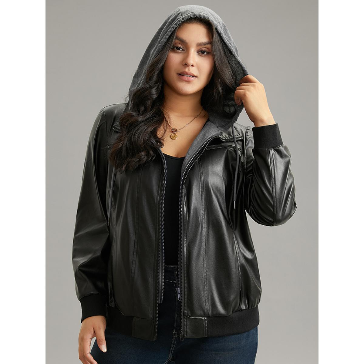Plus Size PU Leather Patchwork Hooded Drawstring Rib Knit Jacket Women Black Rib Knit Pocket Dailywear Jackets BloomChic 18-20/2X Product Image