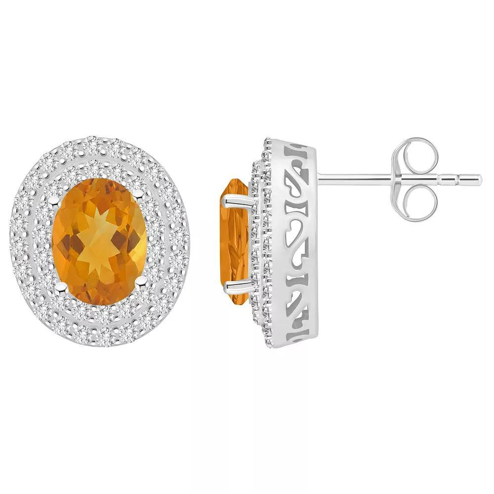 Celebration Gems Sterling Silver Oval-Cut Citrine & White Topaz Double Halo Stud Earrings, Women's Product Image