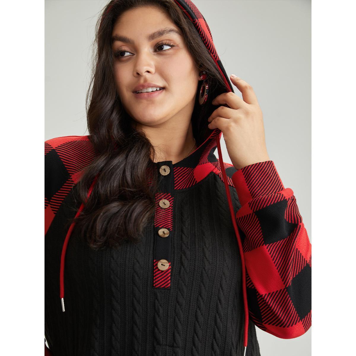 Plus Size Plaid Texture Contrast Hooded Raglan Sleeve Sweatshirt Women Black Casual Texture Hooded Festival-Christmas Sweatshirts BloomChic 14-16/1X Product Image