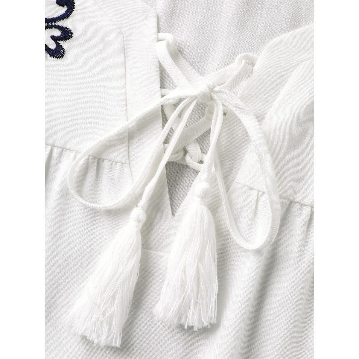 Plus Size Ivory Floral Embroidered Cross-Tie Neck Blouse Women Short sleeve Notched collar Vacation Blouses BloomChic 12/L Product Image
