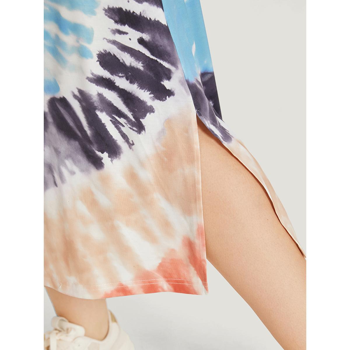 Plus Size Tie Dye Pocket Split Side Dolman Sleeve Dress Multicolor Women Casual Tie Dye V-neck Short sleeve Curvy Midi Dress BloomChic 12/L Product Image