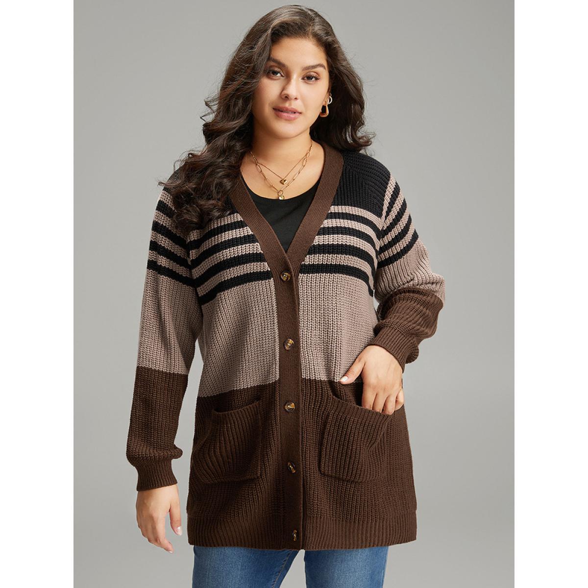 Plus Size Striped Colorblock Patched Pocket Cardigan Multicolor Women Casual Loose Long Sleeve Dailywear Cardigans BloomChic 10/M Product Image