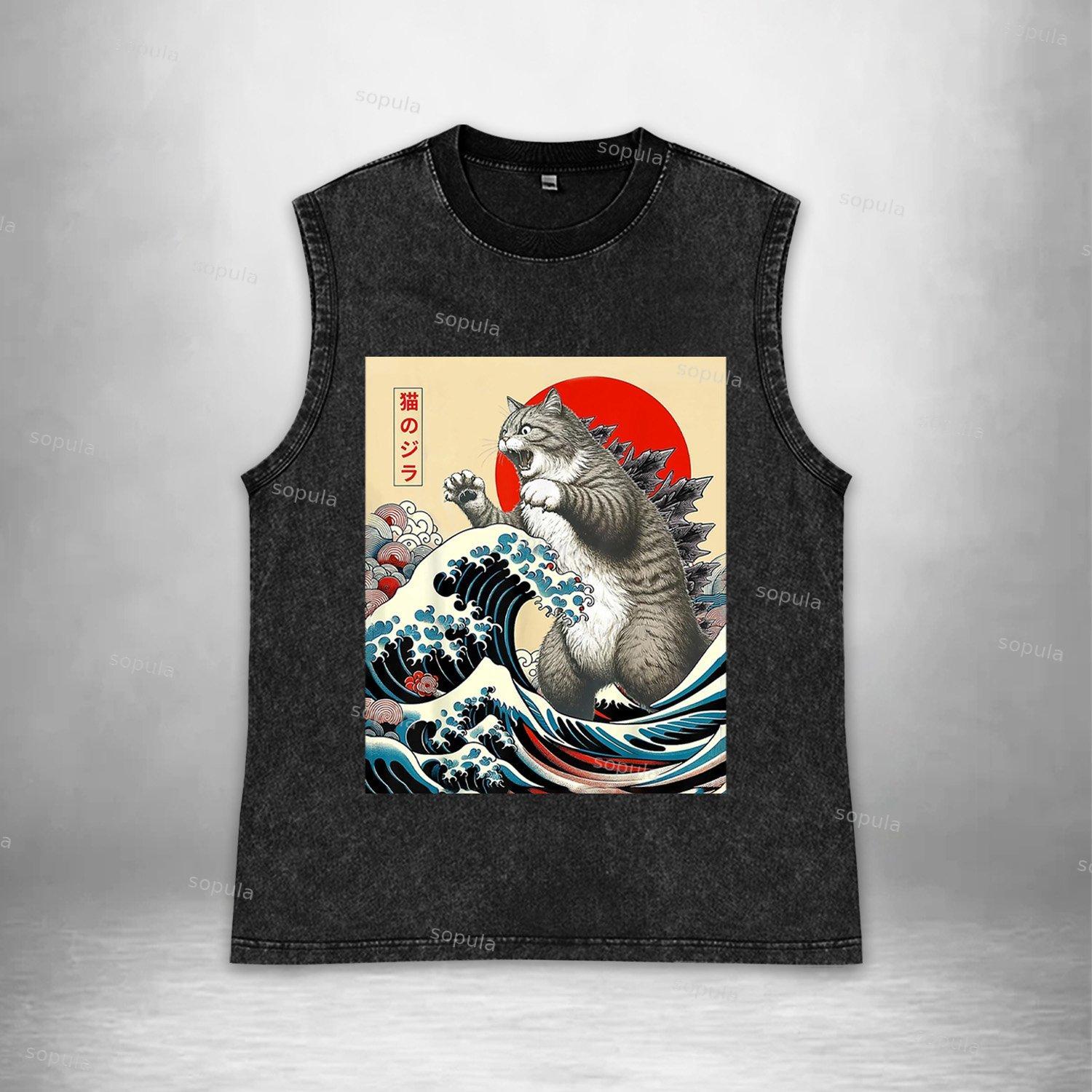 Vintage Catzilla Graphic Acid Washed Tank Tops Product Image