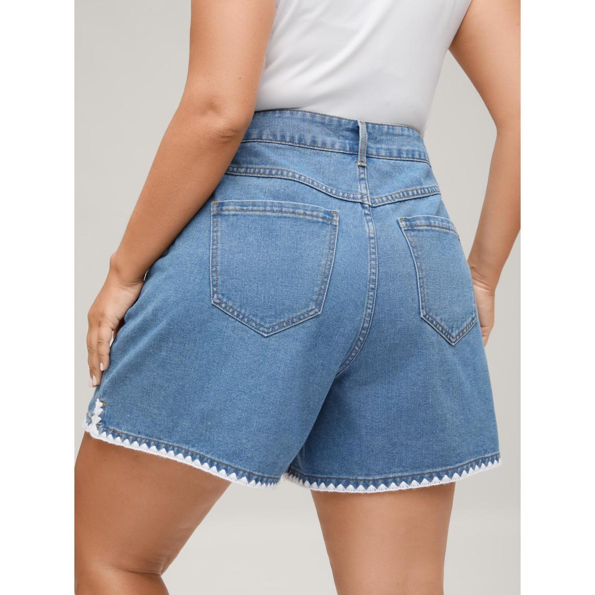 Plus Size Embroidered Hem Wide-Leg Denim Shorts Women Midblue No stretch Vacation Slanted pocket Resort Denim Shorts BloomChic 16/1X Product Image