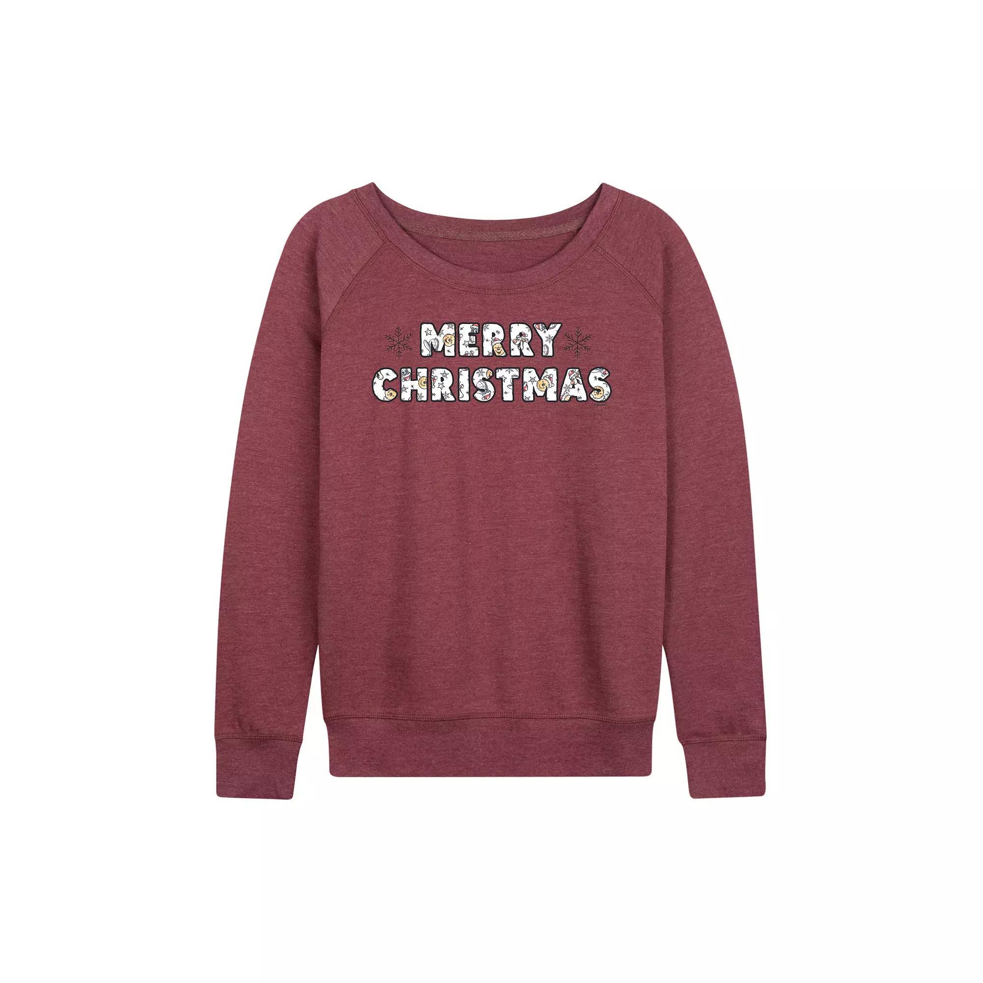 DIsney's Winnie The Pooh Women's Merry Christmas French Terry Long Sleeve Tee, Size: Medium, Grey Maroon Product Image