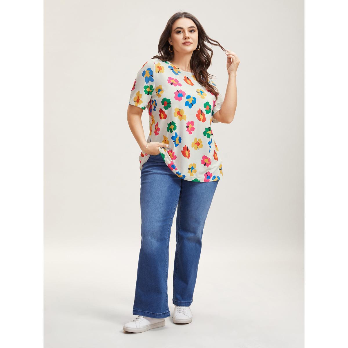 Plus Size Multi-Color Floral Print Fitted T-Shirt Multicolor Women Casual Non Round Neck Everyday T-shirts BloomChic 12/L Product Image