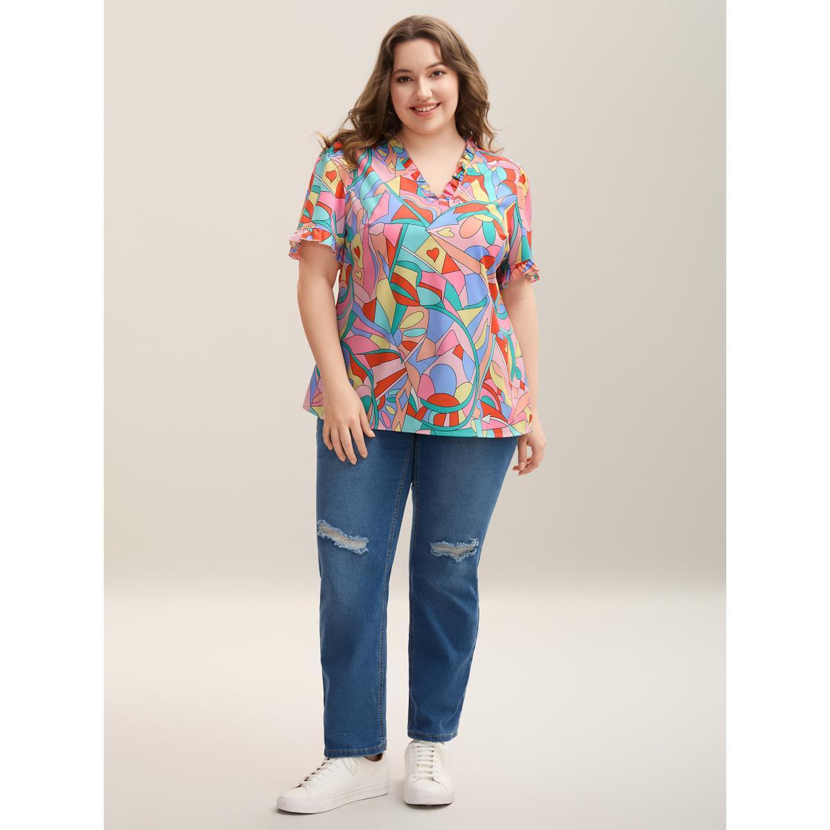 Plus Size Multicolor Abstract Pattern Petal Trim V-Neck Blouse Women Casual Short sleeve V-neck Everyday Blouses BloomChic 22-24/3X Product Image