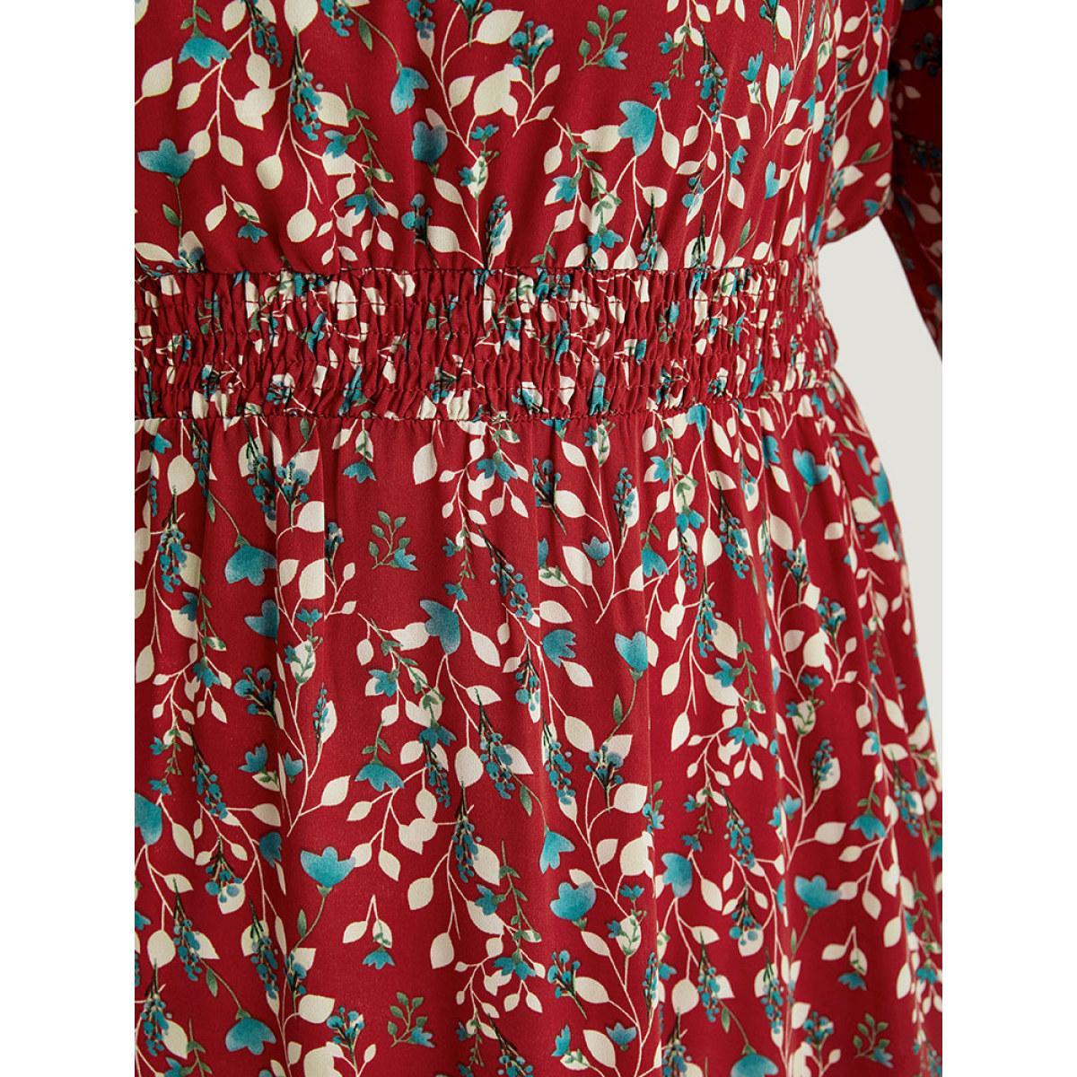 Plus Size Ditsy Floral Pocket Shirred Notched Dress Crimson Women Elegant Elastic cuffs Notched collar Long Sleeve Curvy Midi Dress BloomChic 22-24/3X Product Image